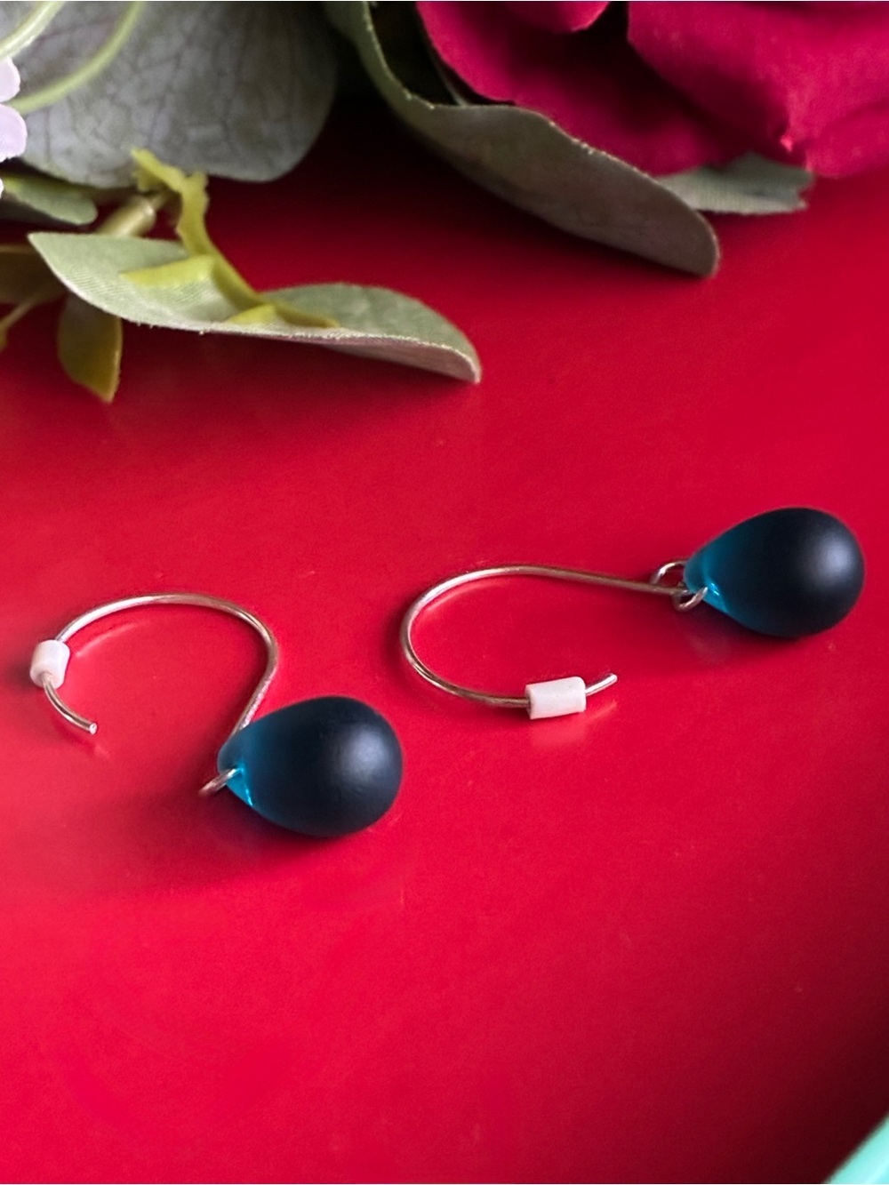 925 Silver Earrings,Teardrop Hook Earrings in Deep Teal - Picture 4 of 6